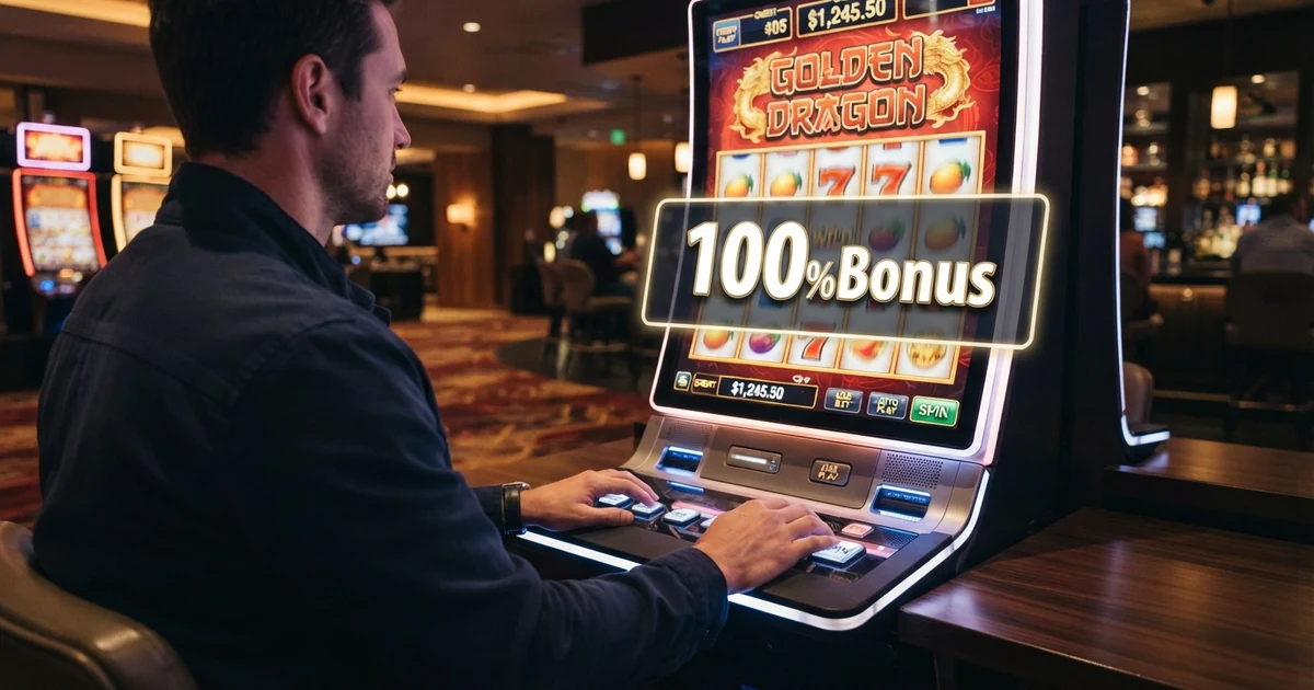 Ein Spielautomat mit leuchtenden Walzen, vor dem ein transparentes Overlay „100% Bonus“ eingeblendet ist