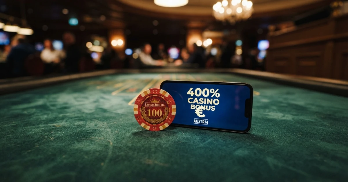 Ein Stapel Casino-Chips neben einem Bildschirm, der ein Bonus-Angebot mit der Zahl 400 % zeigt