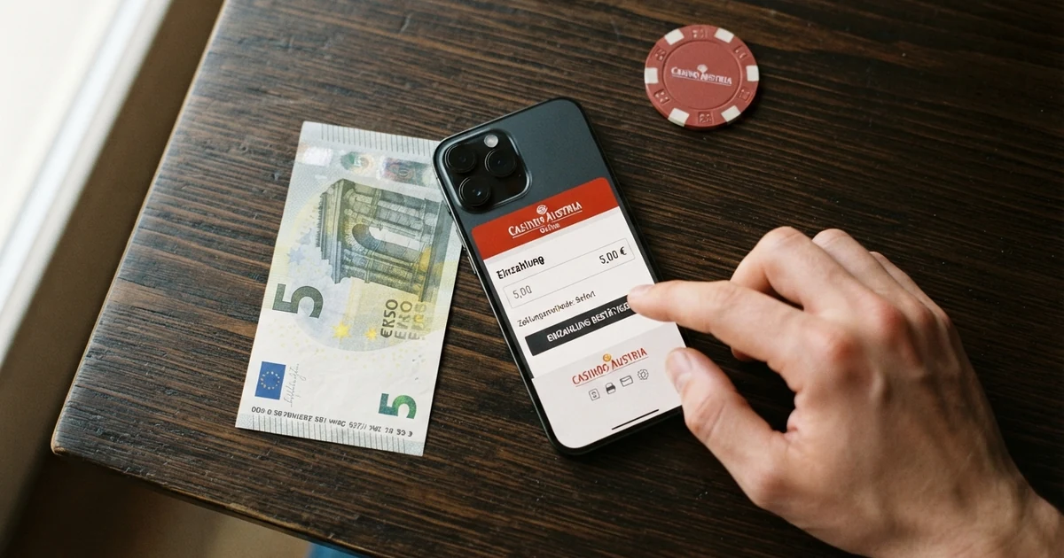 Eine €-5-Banknote neben einem Smartphone mit Casino-Oberfläche, darauf ein Einzahlungsdialog mit dem Betrag „5,00 €“