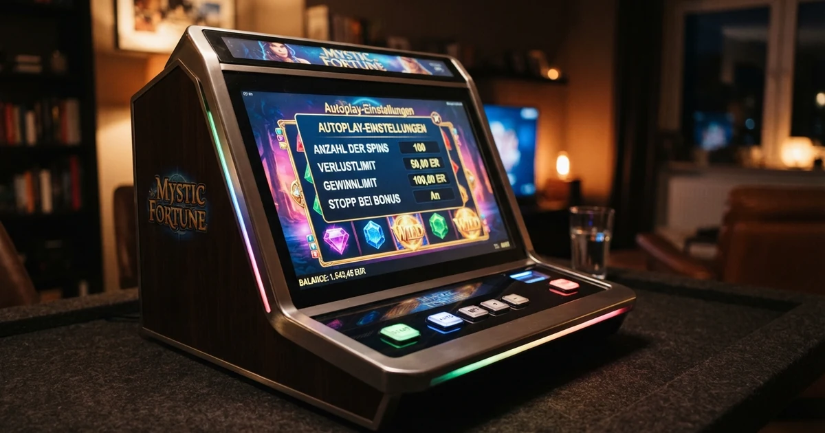 Spielautomat mit geöffnetem Autoplay-Einstellungsmenü, sichtbare Optionen für Spin-Anzahl, Verlustlimit und Gewinnlimit
