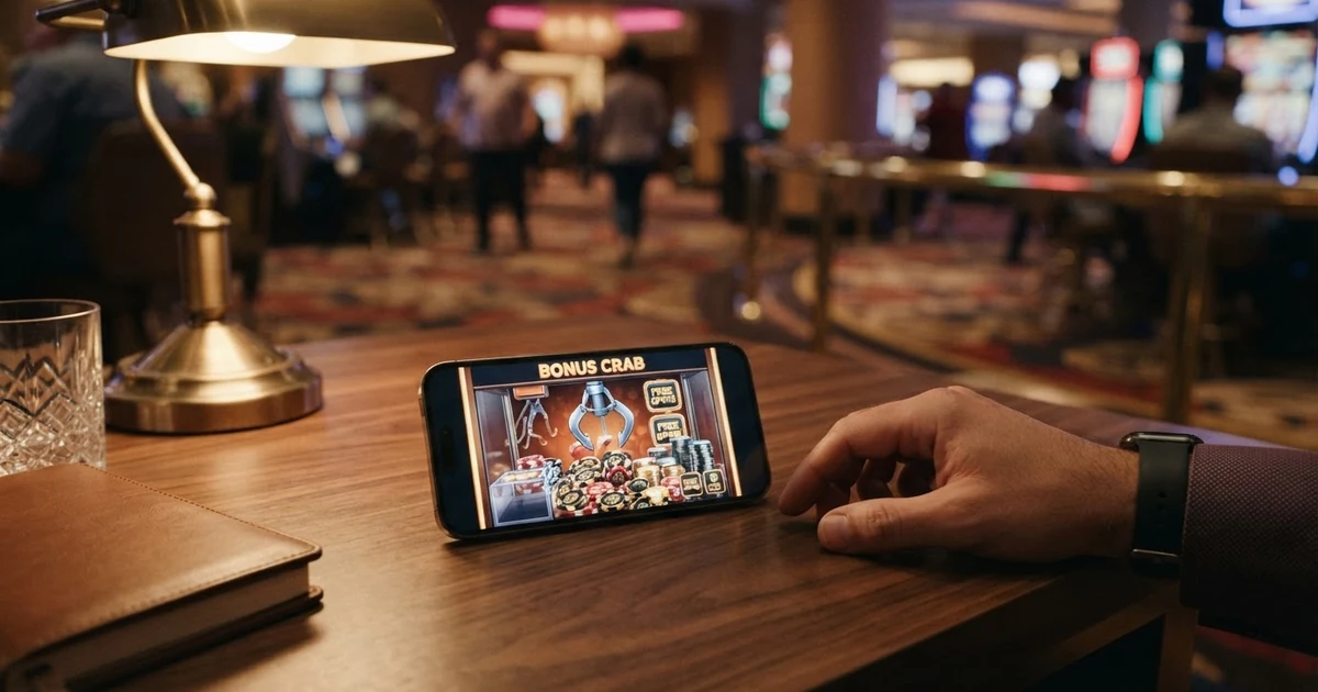 Eine stilisierte Greifarm-Mechanik mit virtuellen Preisen — Bonusguthaben, Freispiele und Münzen — über einem Casino-Interface