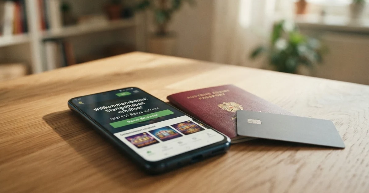 Ein geöffnetes Smartphone zeigt eine Casino-Willkommensseite mit einem eingeblendeten „Startguthaben“-Hinweis, daneben liegen ein österreichischer Reisepass und eine paysafecard auf einem Tisch
