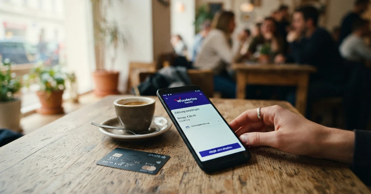 Eine Smartphone-Anzeige mit der EPS-Logo und einer geöffneten Casino-Einzahlungsmaske, im Hintergrund das Logo einer österreichischen Hausbank