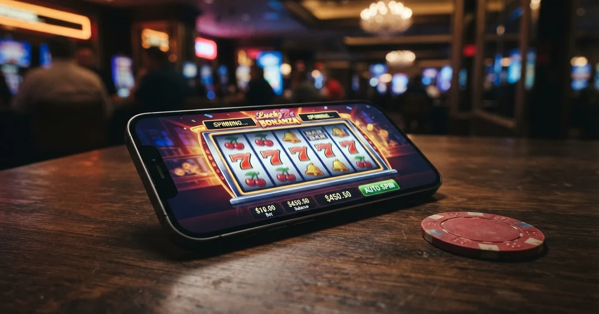 Eine Hand hält ein Smartphone mit einer geöffneten Online-Casino-Oberfläche, im Hintergrund sind Spielautomaten-Symbole angedeutet