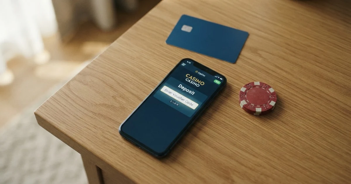 Eine Paysafecard mit sichtbarem 16-stelligen Code liegt neben einem Smartphone, auf dessen Display die Einzahlungsmaske eines Online-Casinos geöffnet ist