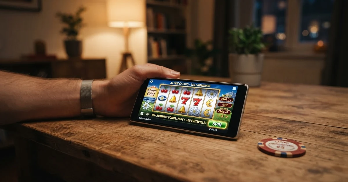 Ein geöffnetes Online-Casino-Fenster auf einem Bildschirm, im Vordergrund ein Button mit der Aufschrift „Willkommensbonus“ und ein eingeblendeter Prozentsatz