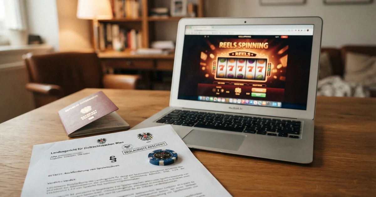 Ein geöffneter Laptop zeigt eine Casino-Website, daneben liegen ein rot-weiß-roter Reisepass und ein Gerichtsbeschluss mit Paragrafen-Symbol — die Verbindung von Online-Glücksspiel und Rechtsanspruch in Österreich