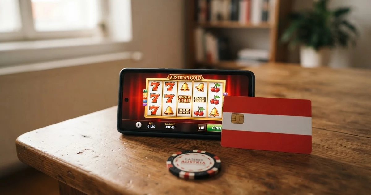 Ein Smartphone mit geöffneter Casino-App liegt neben einem österreichischen Personalausweis auf einem Tisch