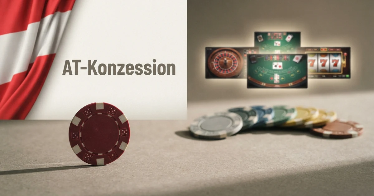 Ein geteiltes Bild: links das win2day-Logo vor einer österreichischen Flagge mit dem Schriftzug „AT-Konzession“, rechts eine Reihe internationaler Casino-Logos mit dem Hinweis „Ohne AT-Lizenz“