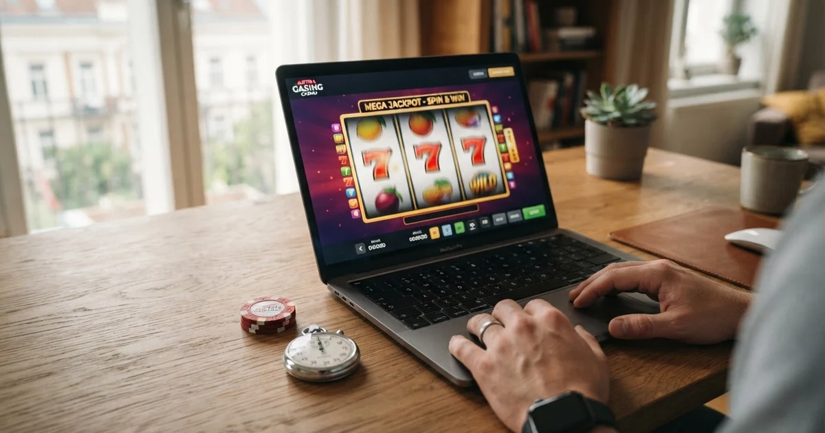 Ein auf einem Laptop-Bildschirm geöffnetes Online-Casino mit sichtbarem Spielautomaten, daneben eine Stoppuhr, die auf null steht — vor einem neutralen Hintergrund.