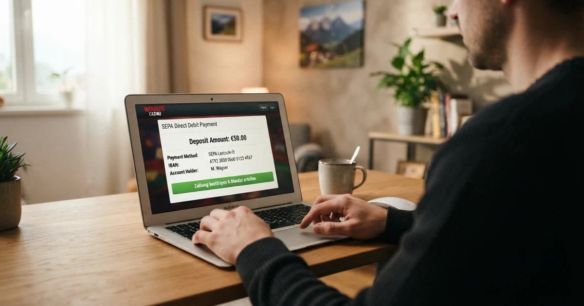Ein Spieler sitzt am Laptop und tätigt eine Einzahlung per Bankeinzug in einem Online Casino, auf dem Bildschirm ist das SEPA-Lastschrift-Formular zu sehen