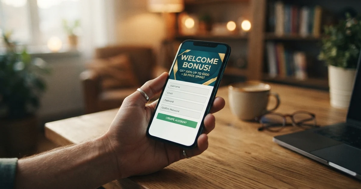 Ein Smartphone-Display mit der Registrierungsmaske eines Online-Casinos und einem hervorgehobenen Willkommensbonus-Banner