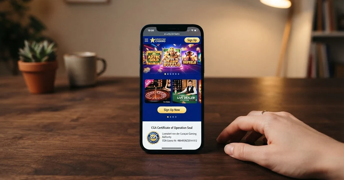 Startseite eines Curacao-lizenzierten Online-Casinos mit Spielautomaten, Live-Casino-Bereich und sichtbarem CGA-Lizenzsiegel im Footer