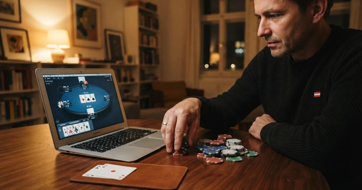 Ein Pokertisch aus der Vogelperspektive mit Karten, Chips und einem geöffneten Laptop, auf dem ein Online-Poker-Tisch mit win2day-Logo zu sehen ist