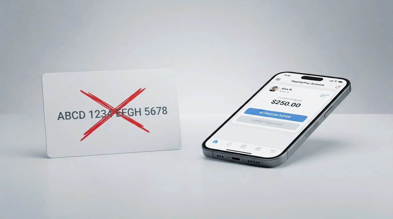 Grafische Gegenüberstellung: 16-stelliger Code (durchgestrichen) für Einzahlung aktiv, für Auszahlung gesperrt — daneben das my paysafecard-Konto als Auszahlungsweg