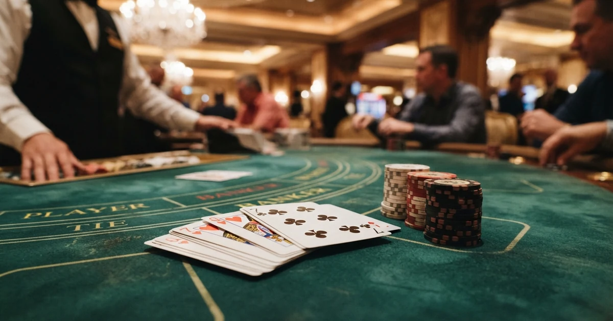 Ein halbgeöffnetes Kartenspiel liegt auf grünem Filz neben Spielchips, im Hintergrund die drei Wettfelder „Banker“, „Player“ und „Tie“