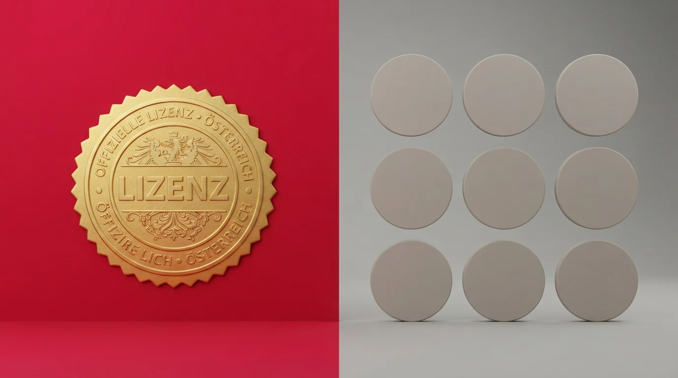 Eine grafische Übersicht, die win2day mit österreichischem Lizenzsiegel von neun Offshore-Casinos mit EU-Flaggen abhebt.