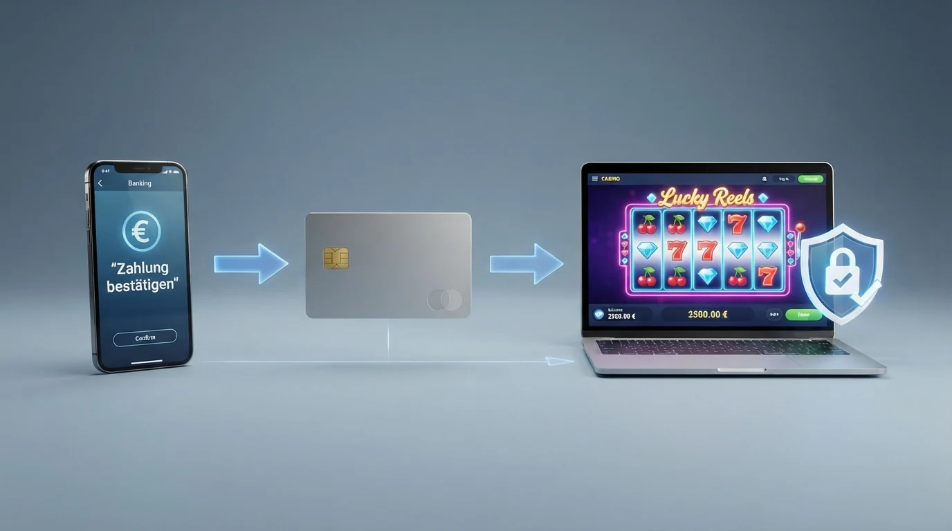 Eine schematische Darstellung des Zahlungswegs: Revolut-App → Visa/Mastercard-Routing → Casino-Kasse → Spielguthaben, mit 3D-Secure-Symbol