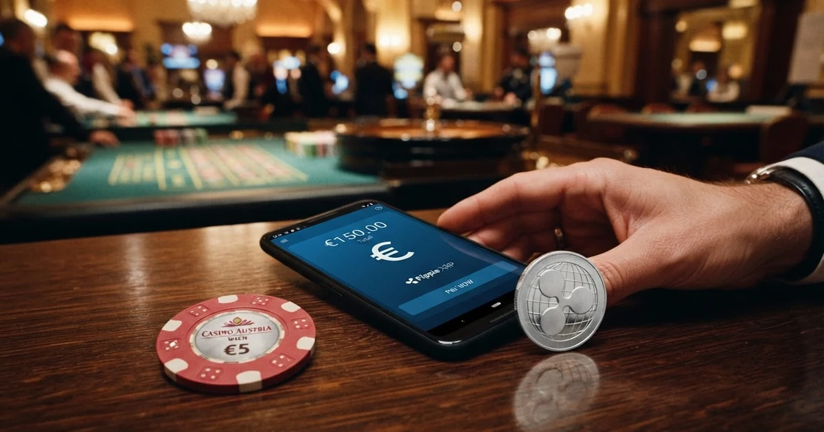 XRP-Logo und Casino-Chips auf dunklem Hintergrund, daneben ein Smartphone mit geöffneter Wallet-App
