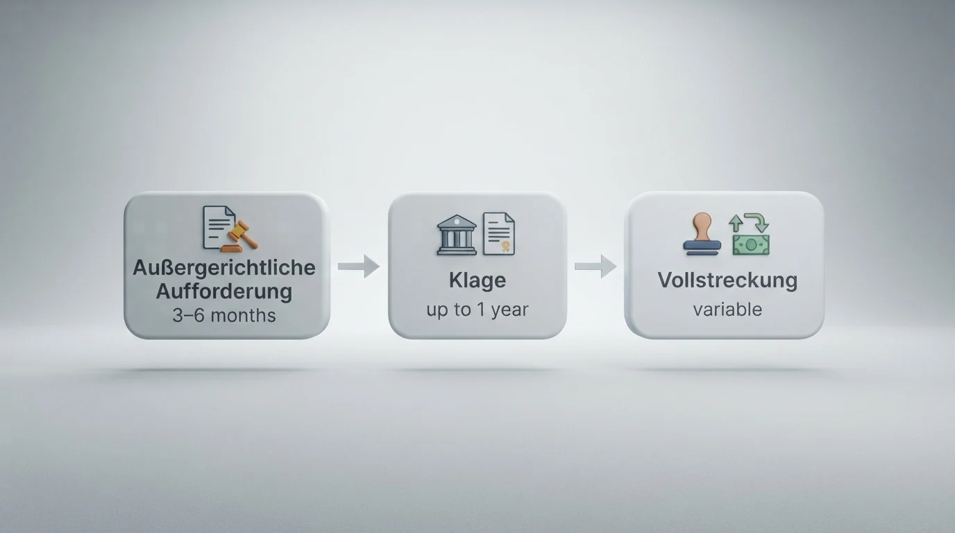Ein dreistufiges Flussdiagramm von der außergerichtlichen Aufforderung über die Klage bis zur Vollstreckung, mit Zeitangaben von drei Monaten bis über einem Jahr