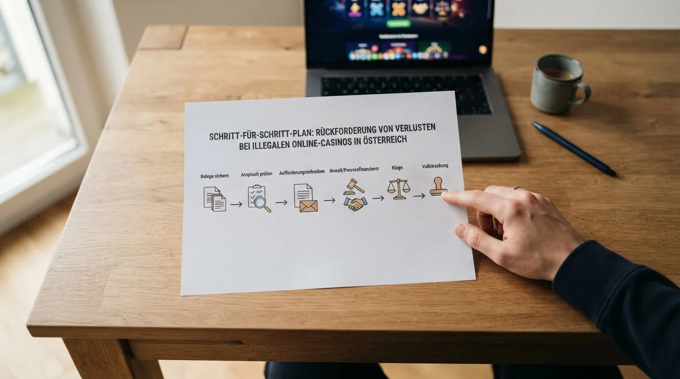 Ein schematisches Flussdiagramm mit sechs Stationen: Belege sichern → Anspruch prüfen → Aufforderungsschreiben → Anwalt/Prozessfinanzierer → Klage → Vollstreckung, jede Station mit einem kurzen Stichwort versehen.