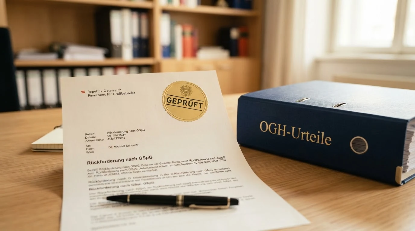 Ein Schreiben mit dem Betreff „Rückforderung nach GSpG“, daneben ein Aktenordner mit der Aufschrift OGH-Urteile