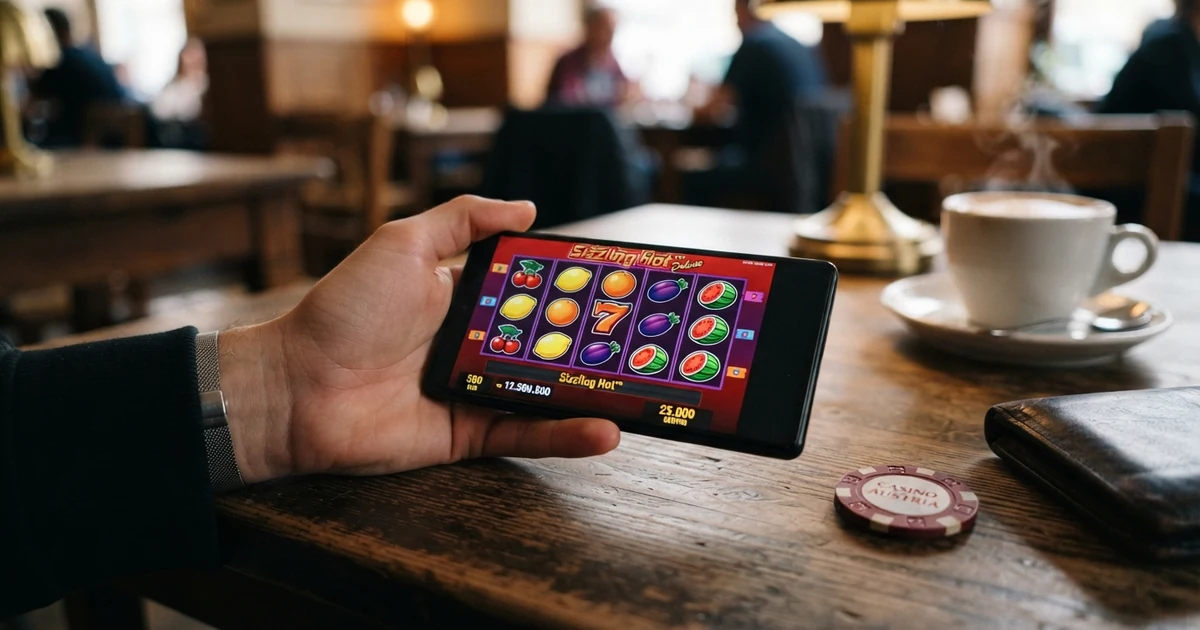 Spielbildschirm von Sizzling Hot Deluxe mit fünf Walzen, bunten Früchtesymbolen und leuchtenden Gewinnlinien