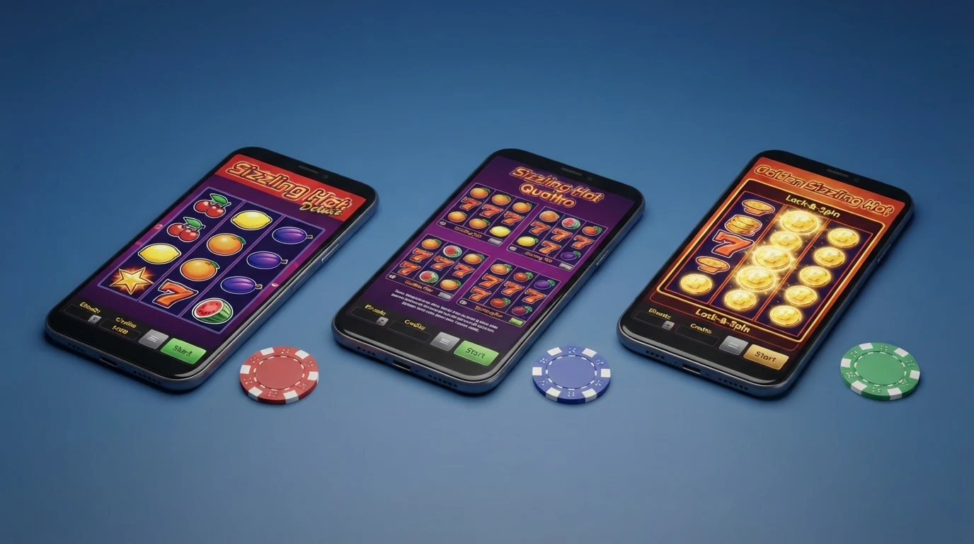 Drei Spielbildschirme der Sizzling-Hot-Varianten Deluxe, Quattro und Cash Connection nebeneinander