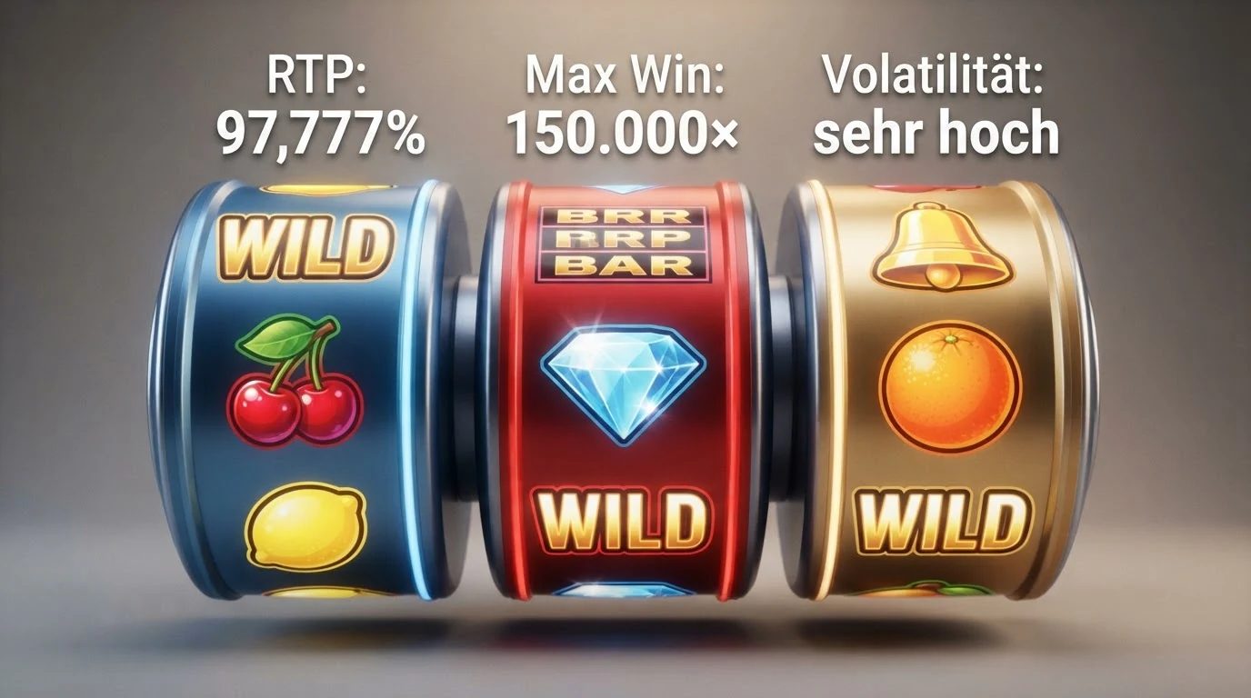 Eine Nahaufnahme der Walzen von drei Bonuskauf-Slots mit eingeblendeten RTP-Werten und Max-Win-Zahlen