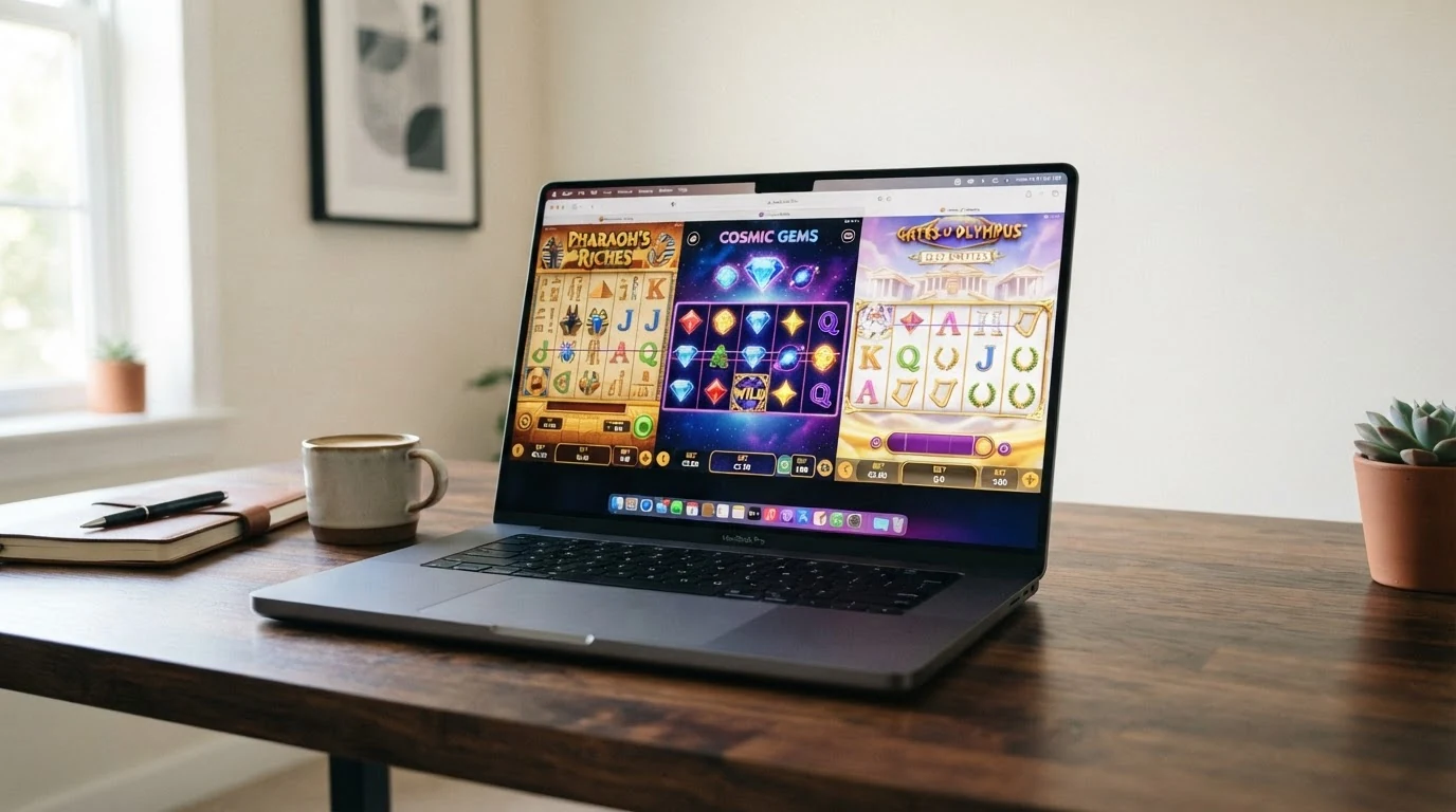 Drei Spielautomaten-Bildschirme nebeneinander: Book of Dead, Starburst und Gates of Olympus mit sichtbaren Walzen und Gewinnlinien im Browser-Fenster