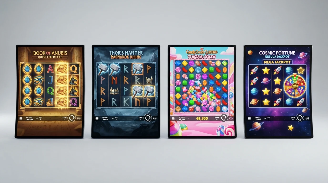 Vier nebeneinander angeordnete Spielautomaten-Bildschirme mit den Logos von Book of Dead, Legacy of Dead, Sweet Bonanza und Starburst