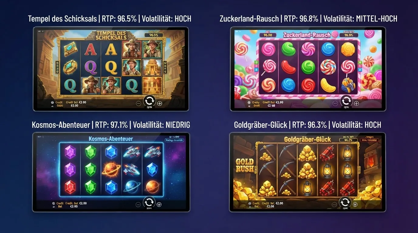 Vier Spielautomaten-Bildschirme im Split-Screen: Book of Dead, Starburst, Sweet Bonanza und Bonanza mit hervorgehobenen RTP- und Volatilitätswerten