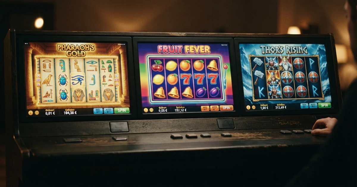Drei Spielautomaten-Bildschirme nebeneinander, die die Einsatzstufen 1 Cent, 5 Cent und 1 Euro mit den zugehörigen Slot-Titeln zeigen