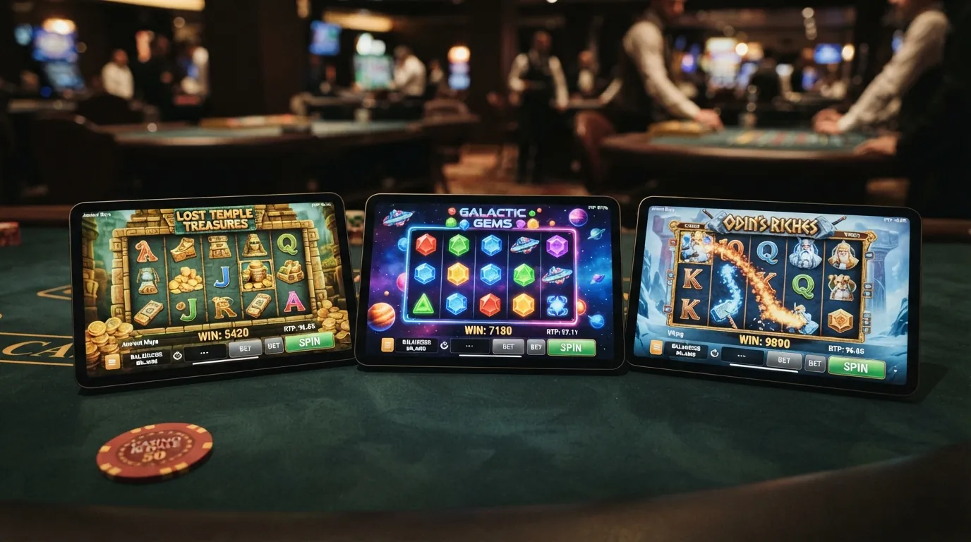 Drei Spielautomaten-Bildschirme mit Book of Dead, Starburst und Gates of Olympus samt eingeblendeten RTP-Werten