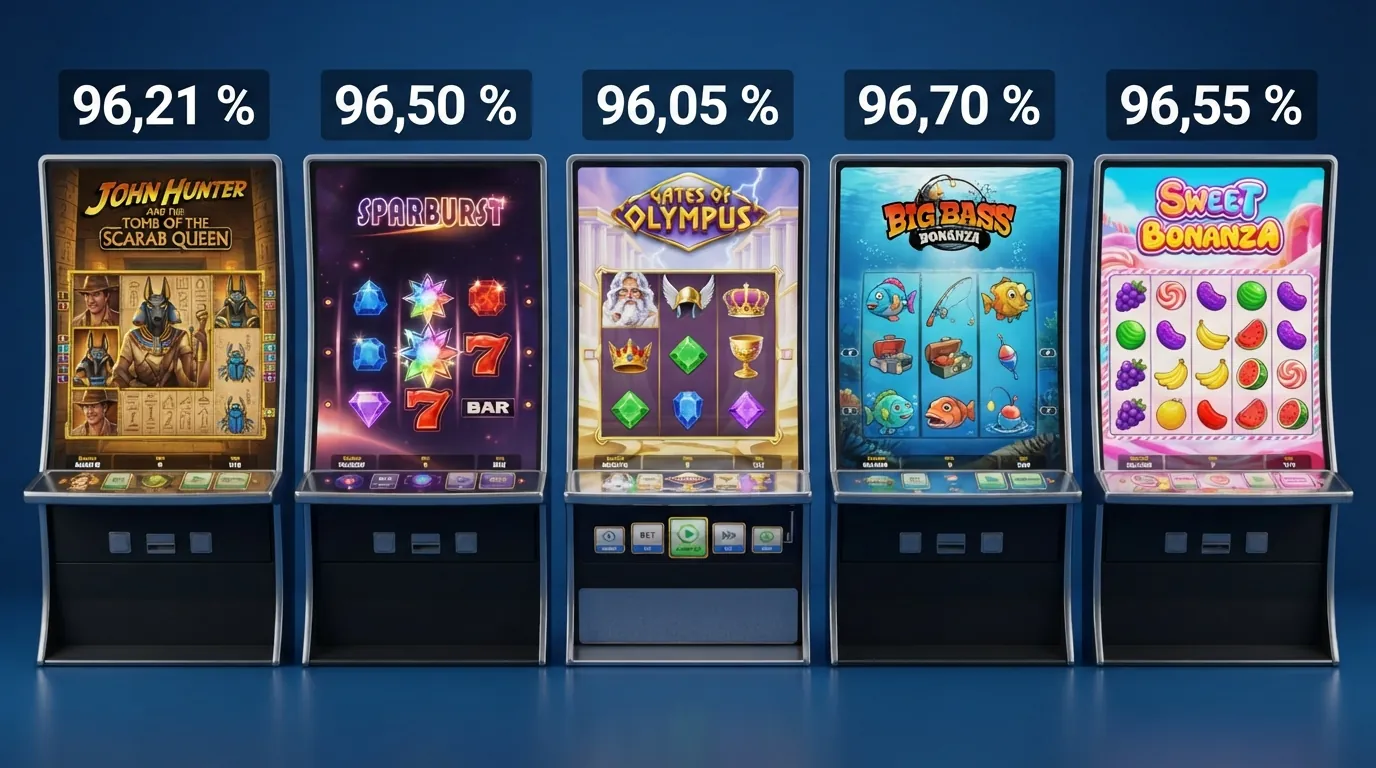 Fünf Spielautomaten-Screenshots nebeneinander: Book of Dead, Starburst, Gates of Olympus, Big Bass Bonanza und Sweet Bonanza mit ihren RTP-Werten als eingeblendete Kennzahl