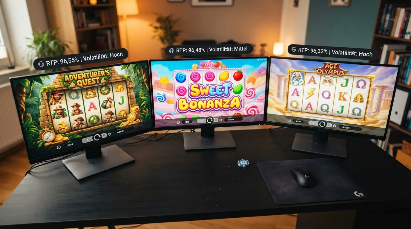 Drei Spielautomaten-Bildschirme nebeneinander mit eingeblendeten RTP-Prozentwerten und Volatilitätsbalken