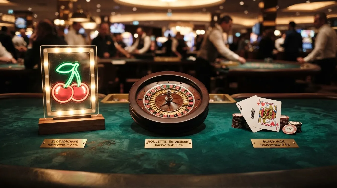 Drei Spielsymbole nebeneinander: ein Slot-Symbol (Kirsche), ein Roulette-Rad und ein Blackjack-Blatt – unter jedem Symbol der jeweilige Hausvorteil als Prozentzahl