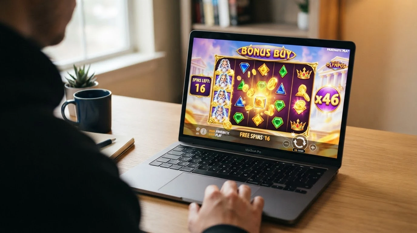 Eine Bildschirmansicht eines Bonus-Buy-Slots mit geöffneter Bonusrunde, sichtbaren Multiplikatoren und Freispiel-Zähler.