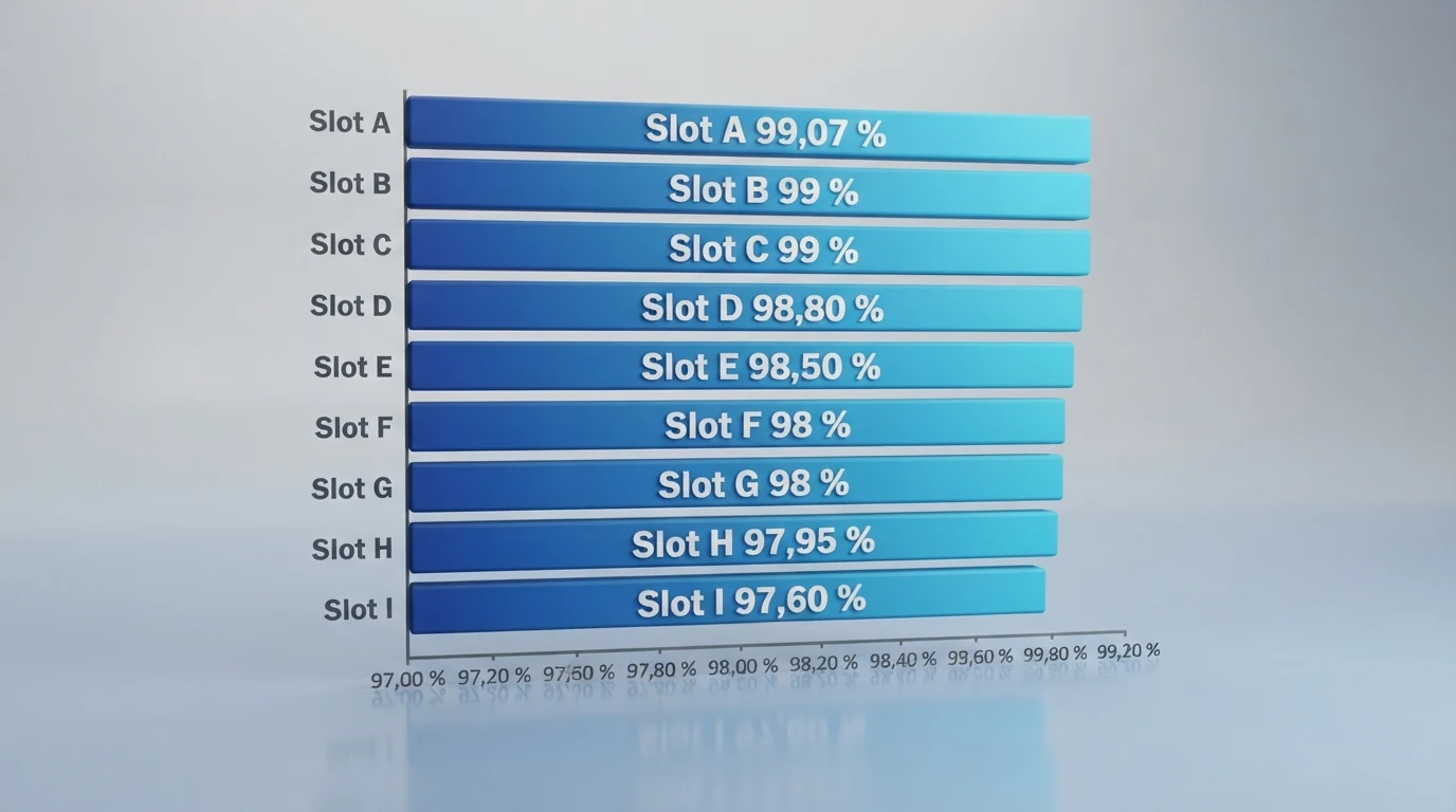 Übersicht mehrerer bekannter Online-Slots mit ihren jeweiligen RTP-Prozentwerten und Herstellern in einer Vergleichstabelle