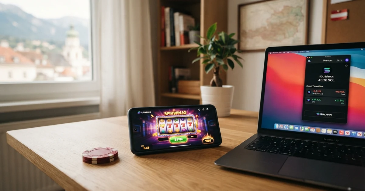 Eine visuelle Gegenüberstellung: links das win2day-Logo als einziges lizenziertes AT-Casino, rechts eine Solana-Wallet mit Casino-Interface und SOL-Token-Symbol