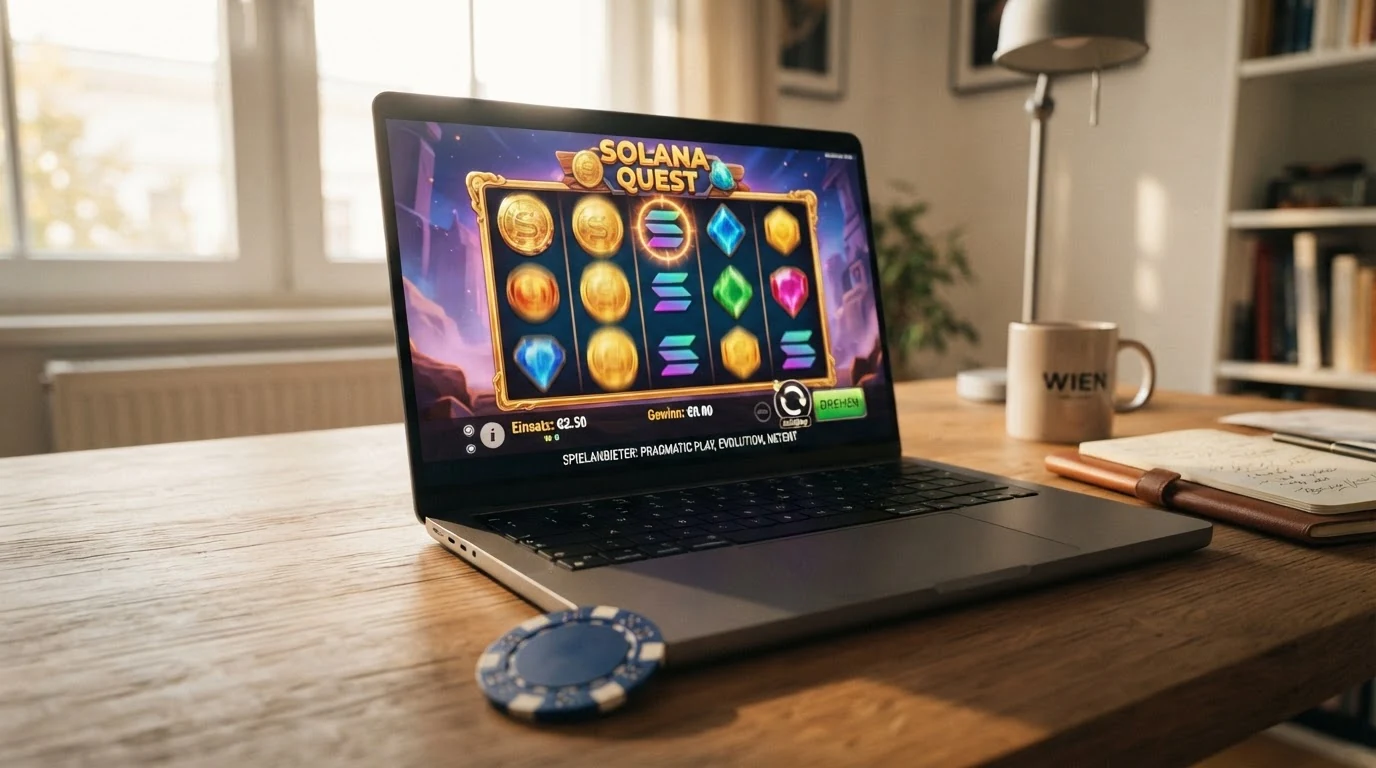 Spielautomat-Bildschirm mit Solana-Wallet-Einzahlungsanzeige und prominenten Spielprovider-Logos (Pragmatic Play, Evolution, NetEnt) am unteren Rand