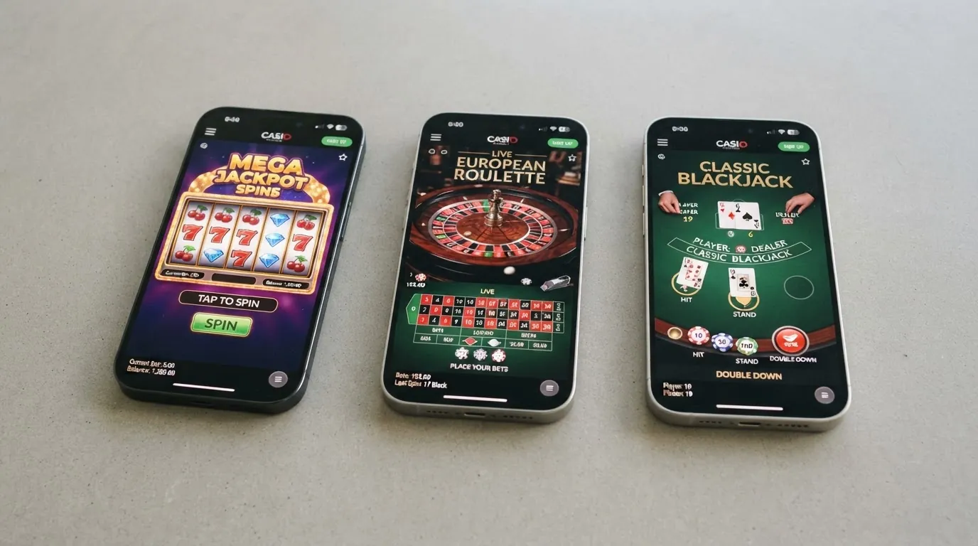 Drei Smartphone-Bildschirme nebeneinander zeigen verschiedene Casino-Spiele: einen Spielautomaten mit Walzen, einen Roulette-Kessel und einen Blackjack-Tisch