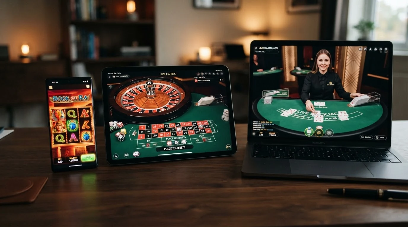 Drei Bildschirme zeigen verschiedene Casino-Spiele: einen farbigen Spielautomaten, einen Roulette-Kessel und einen Live-Dealer an einem Blackjack-Tisch