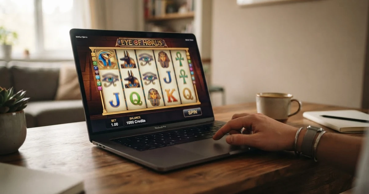 Ein Laptop-Bildschirm zeigt einen Merkur-Spielautomaten im Demo-Modus mit virtuellem Spielguthaben, kein Registrierungsformular sichtbar