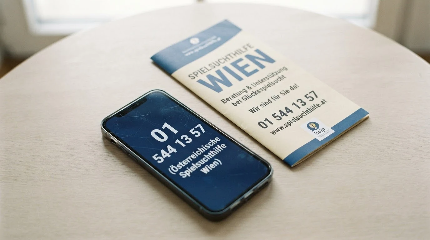 Nahaufnahme eines Smartphones mit sichtbarer Beratungshotline-Nummer auf dem Display, daneben eine aufgeschlagene Infobroschüre mit Kontaktdaten