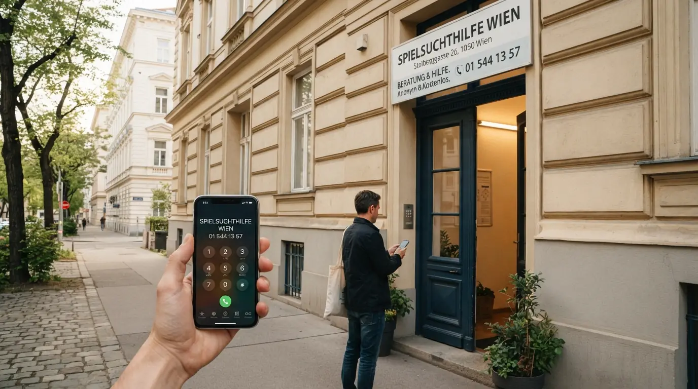 Logo und Eingangsbereich der Spielsuchthilfe Wien in der Stolberggasse, 1050 Wien