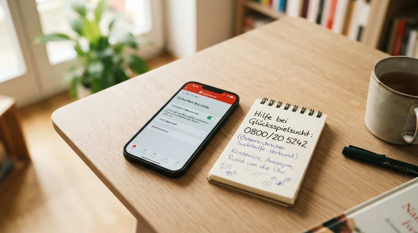 Ein Smartphone mit geöffneter Skrill-App und den Einstellungen zur Glücksspielsperre, daneben die Notrufnummer 0800/20 5242