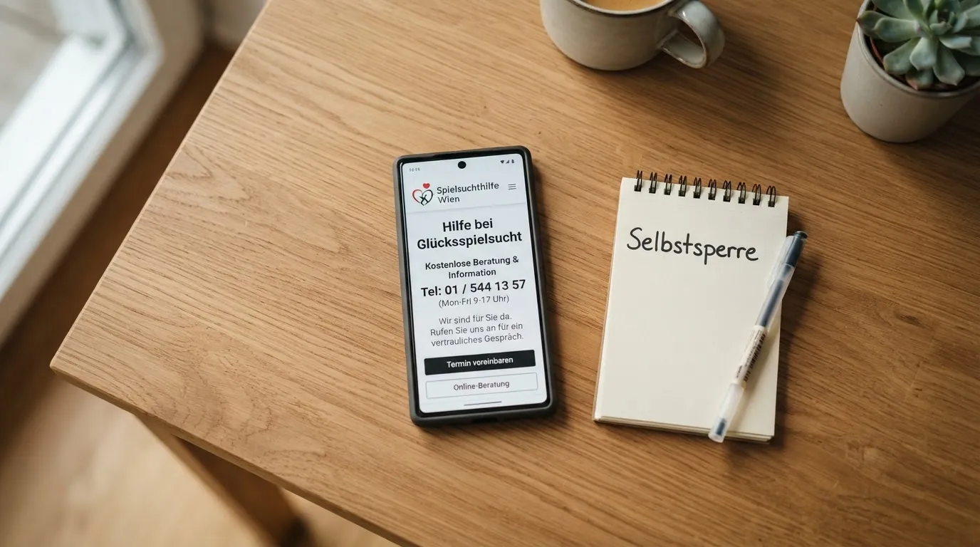 Eine Nahaufnahme eines Smartphones mit geöffneter Hilfeseite der Spielsuchthilfe Wien, daneben ein Notizblock mit der Aufschrift „Selbstsperre“