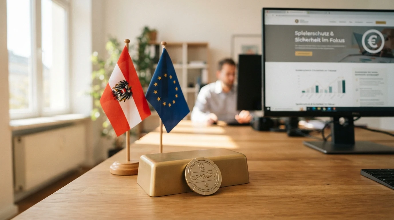 Österreichische Flagge neben EU-Sternenkranz und einem stilisierten Schutzschild, im Hintergrund Paragrafenzeichen und das BMF-Logo
