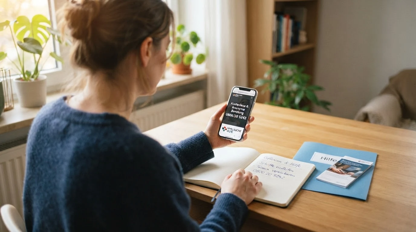 Eine Infografik mit den wichtigsten Hilfsangeboten: Telefon-Hotline-Nummer, Karte mit Beratungsstellen in den Bundesländern, Hinweis auf Online-Selbsttests